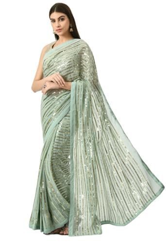 410cBK5oCEL.jpg Women's Pre-Stitched Golden Striped Splendor Ready To Wear Georgette Saree with Blouse (Customize Available) - Image 1