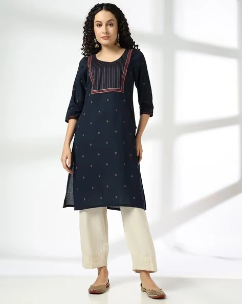 473Wx593H-443065118-navy-MODEL.webp Women Geometric Print Straight Kurta - Image 1